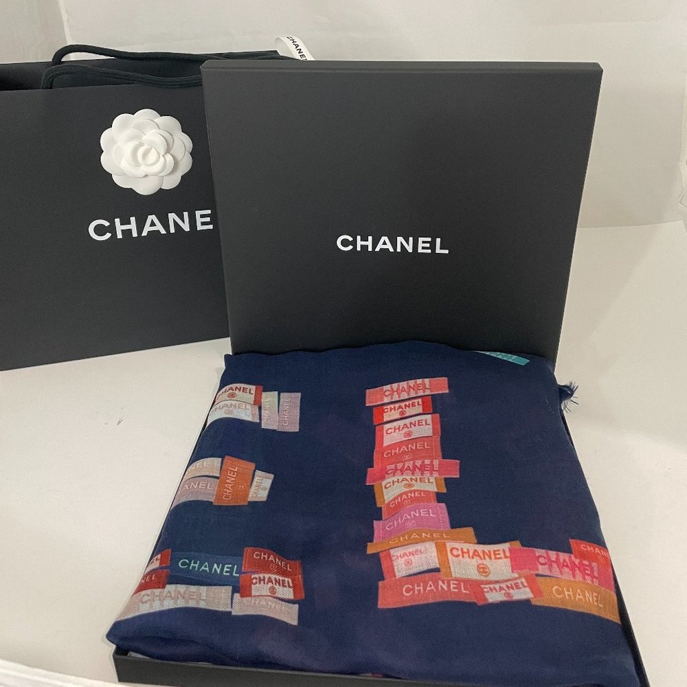 CHANEL NWB CASHMERE BLUE MULTICOLOR  LABEL WRAP